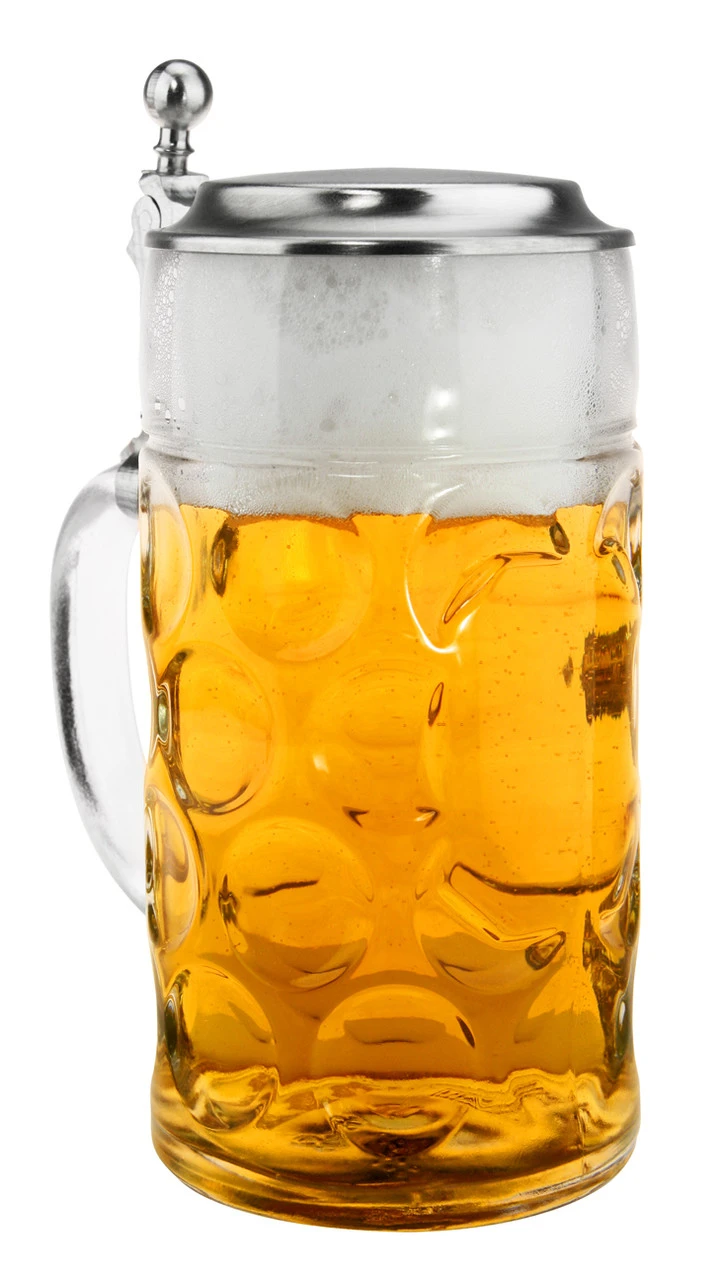 Dimpled Oktoberfest Glass Beer Mug With Flat Pewter Lid 1 Liter - Image 2