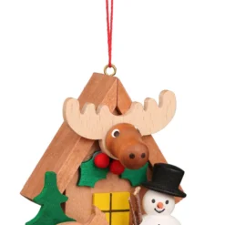 Elk House With Snowman Wooden German Christmas Ornament