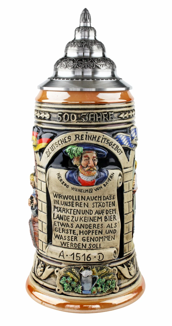 German Purity Law Beer Stein | 500 Year Anniversary German Beer Purity Law Beer Stein Full Color