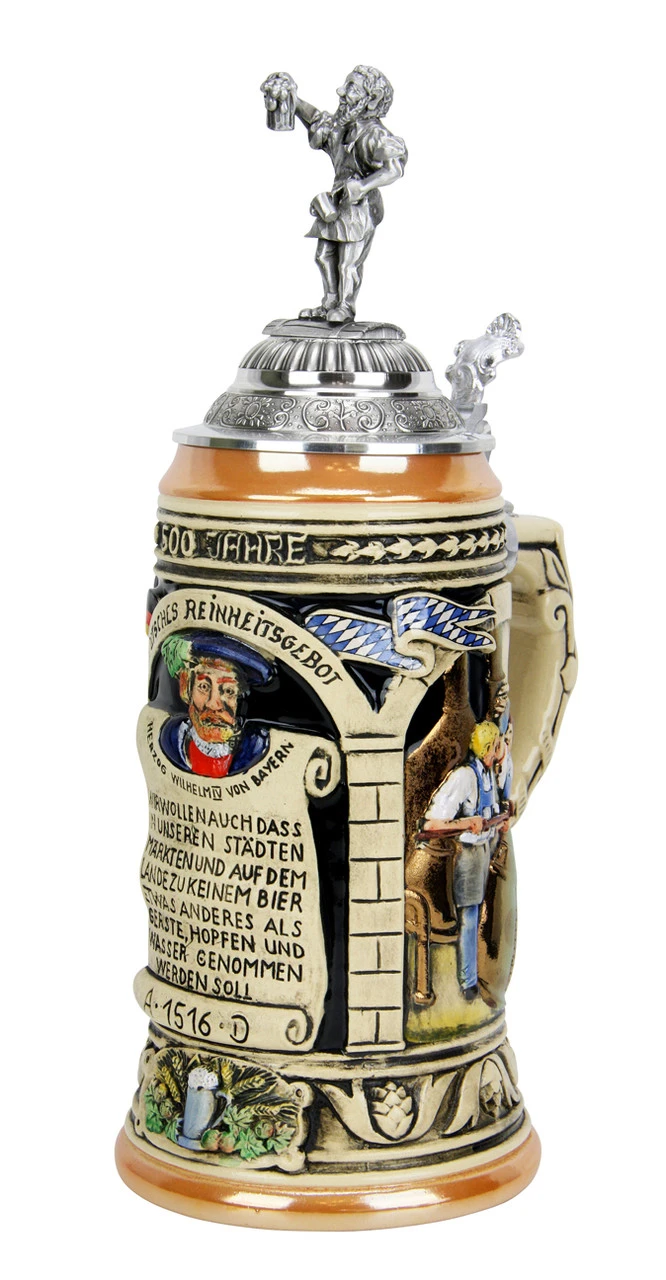 German 500 Year Anniversary Beer Purity Law German Beer Stein With Pewter Beer Brewer Figure Lid - Image 6