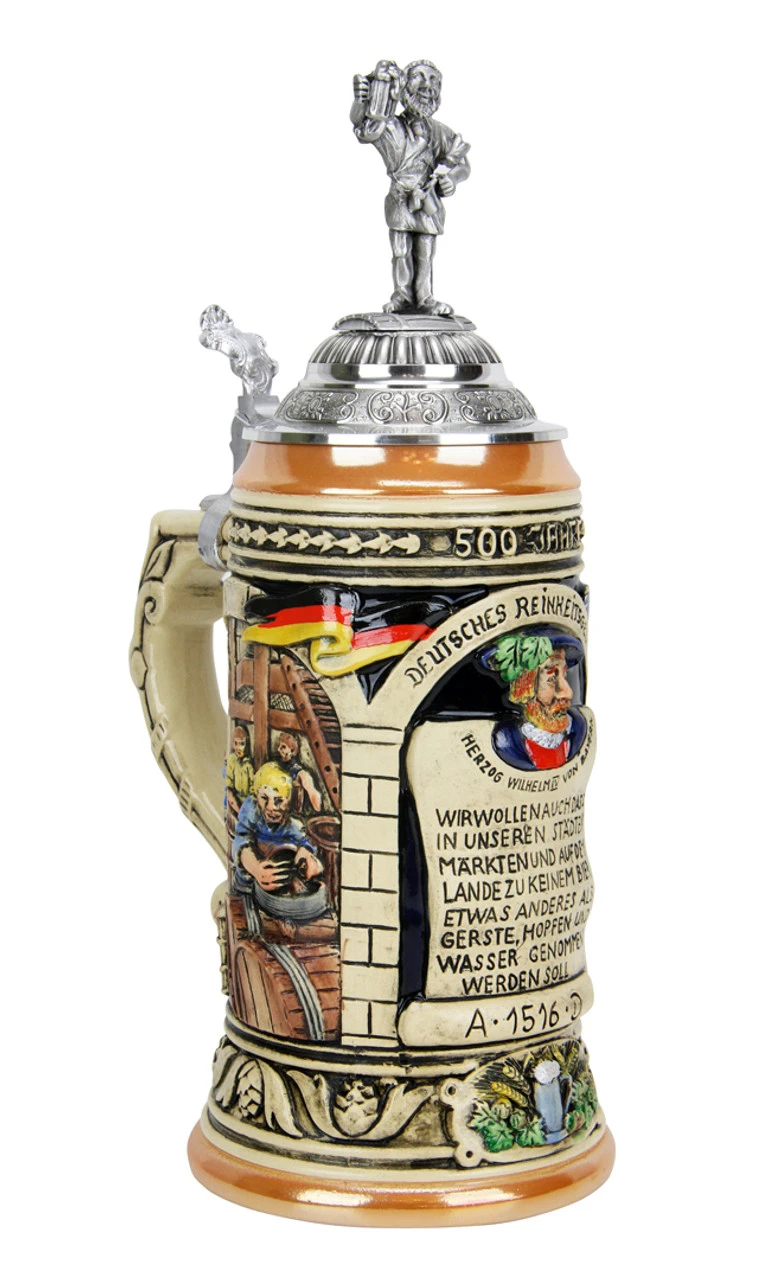 German 500 Year Anniversary Beer Purity Law German Beer Stein With Pewter Beer Brewer Figure Lid - Image 2