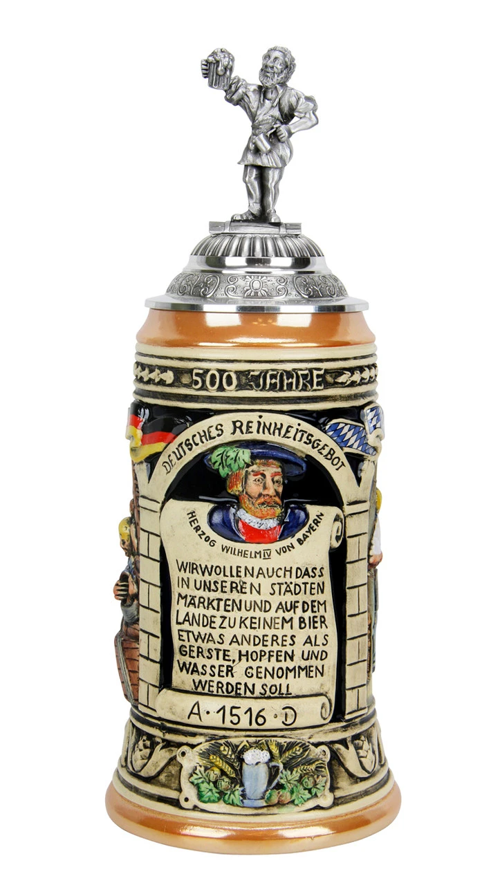 German 500 Year Anniversary Beer Purity Law German Beer Stein With Pewter Beer Brewer Figure Lid