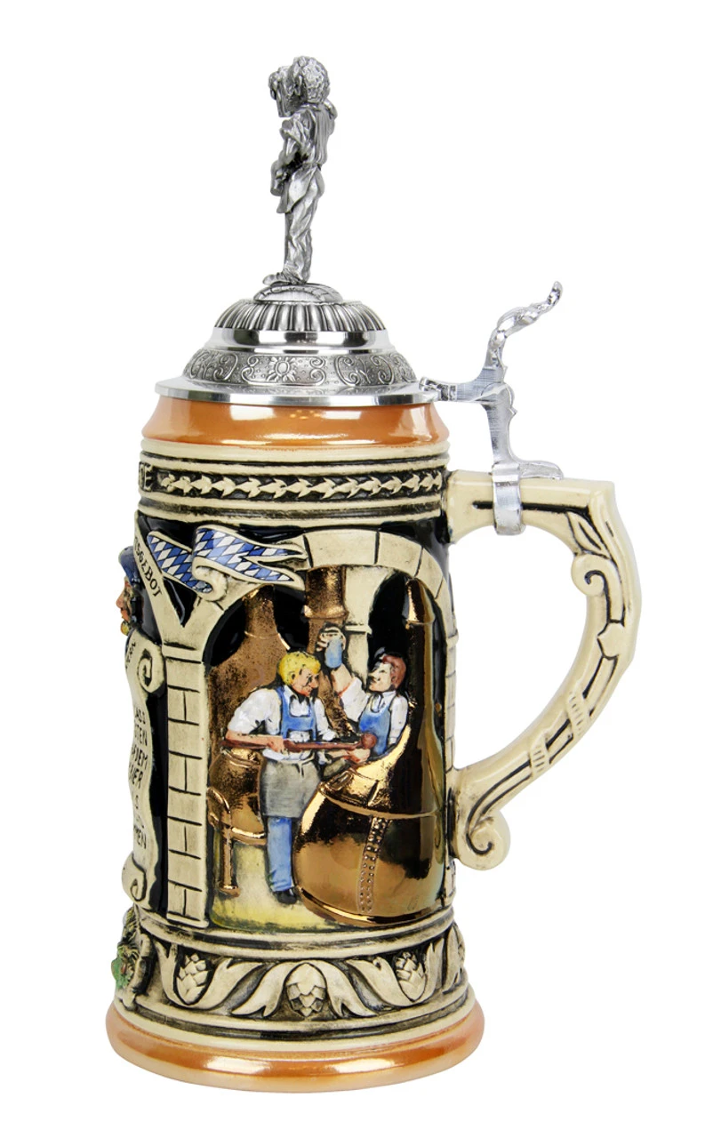 German 500 Year Anniversary Beer Purity Law German Beer Stein With Pewter Beer Brewer Figure Lid - Image 5
