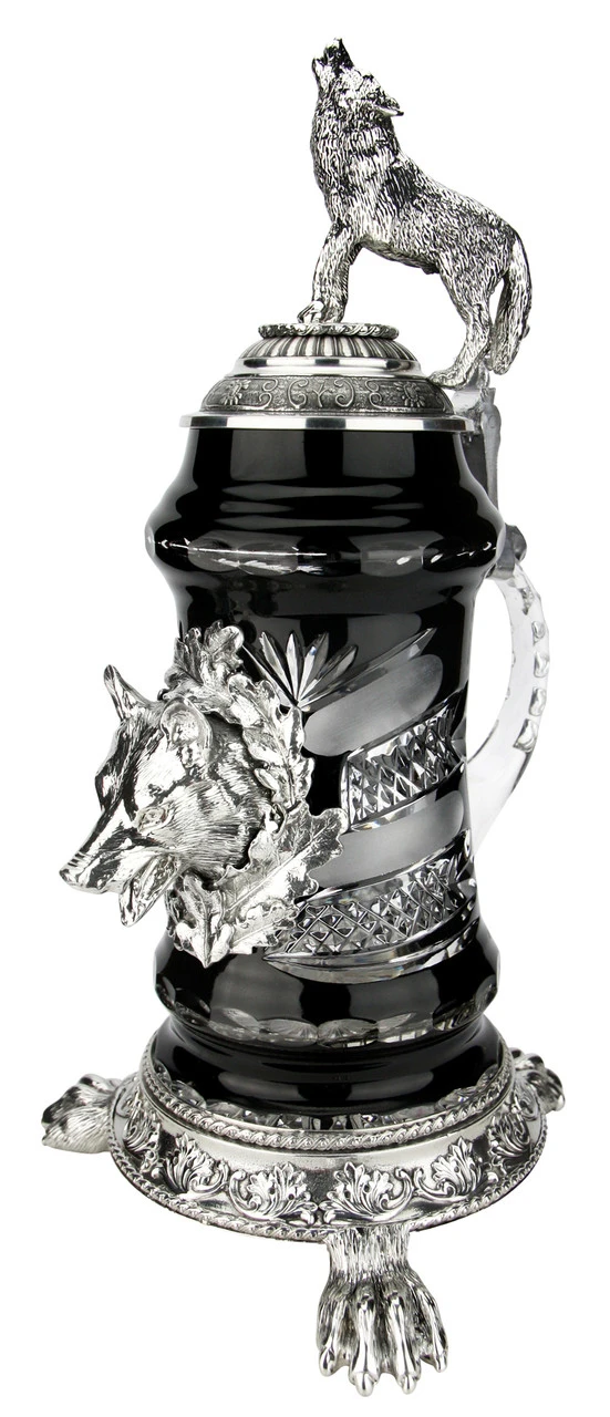 Lord Of Crystal Wolf German Beer Stein Black | 3D Howling Wolf Lid | Wolf Paw Feet