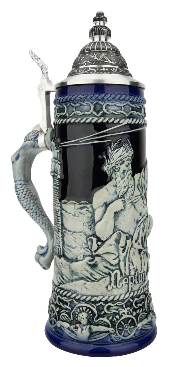 Neptune German Beer Stein With Mermaid Handle | Cobalt 4 Neptune German Beer Stein With Mermaid Handle | Cobalt - Image 2